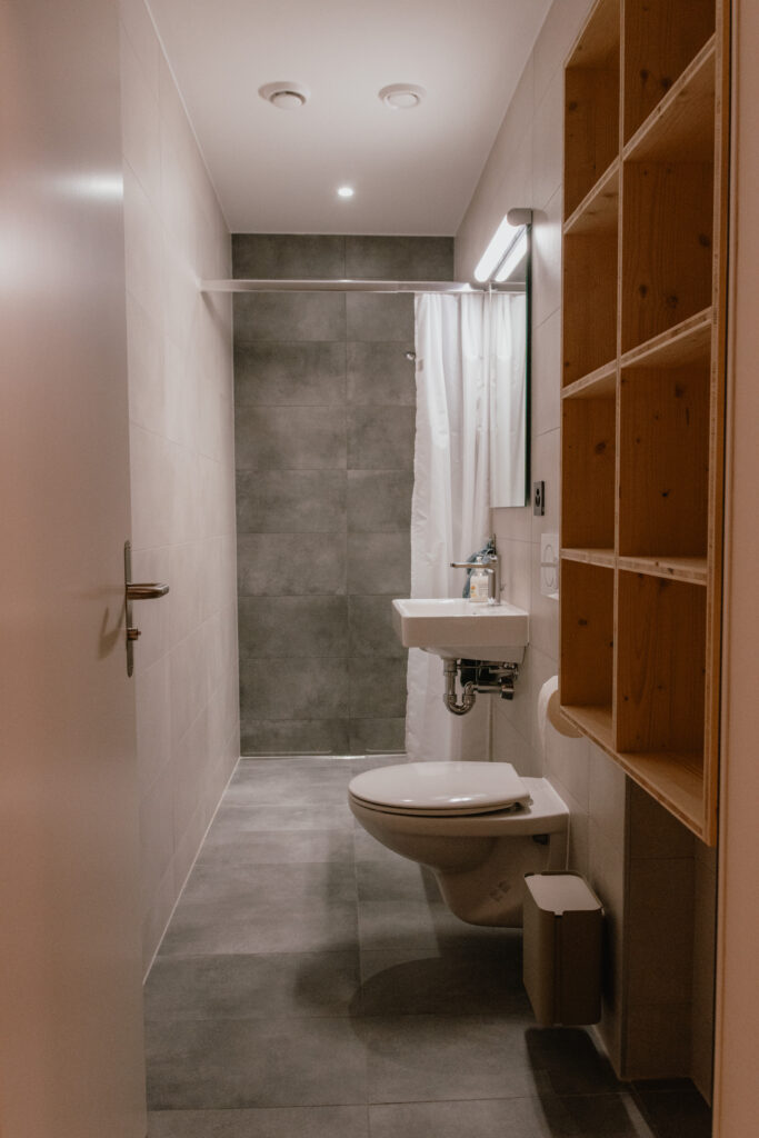 Salle de bain de chalet moderne avec douche, toilettes et rangements en bois